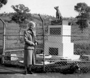 My mother standing beside the Dog on the Tucker Box Statue c 1953